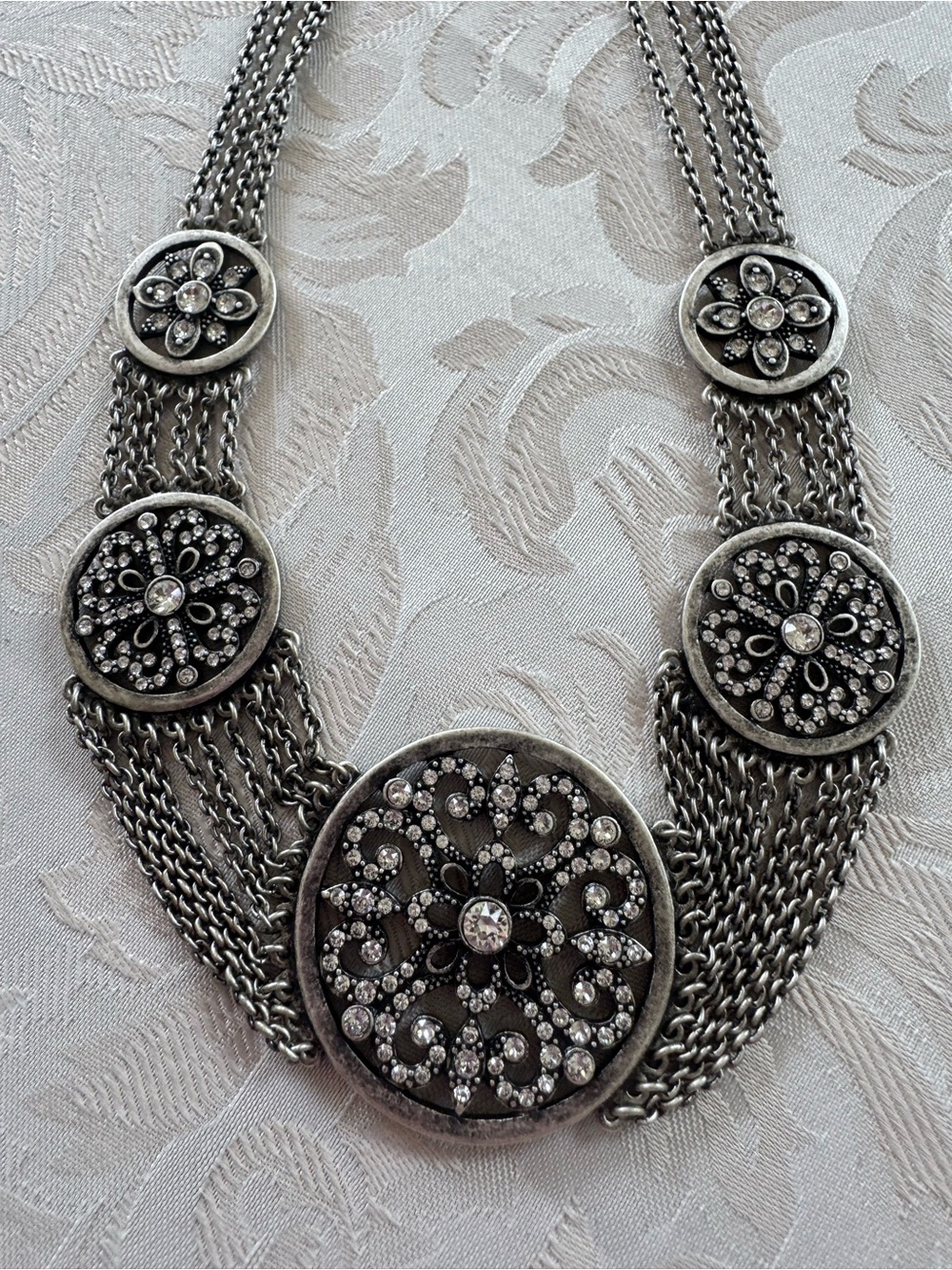 Touchstone Crystal Silver-Tone Filigree Multi-Chain Necklace